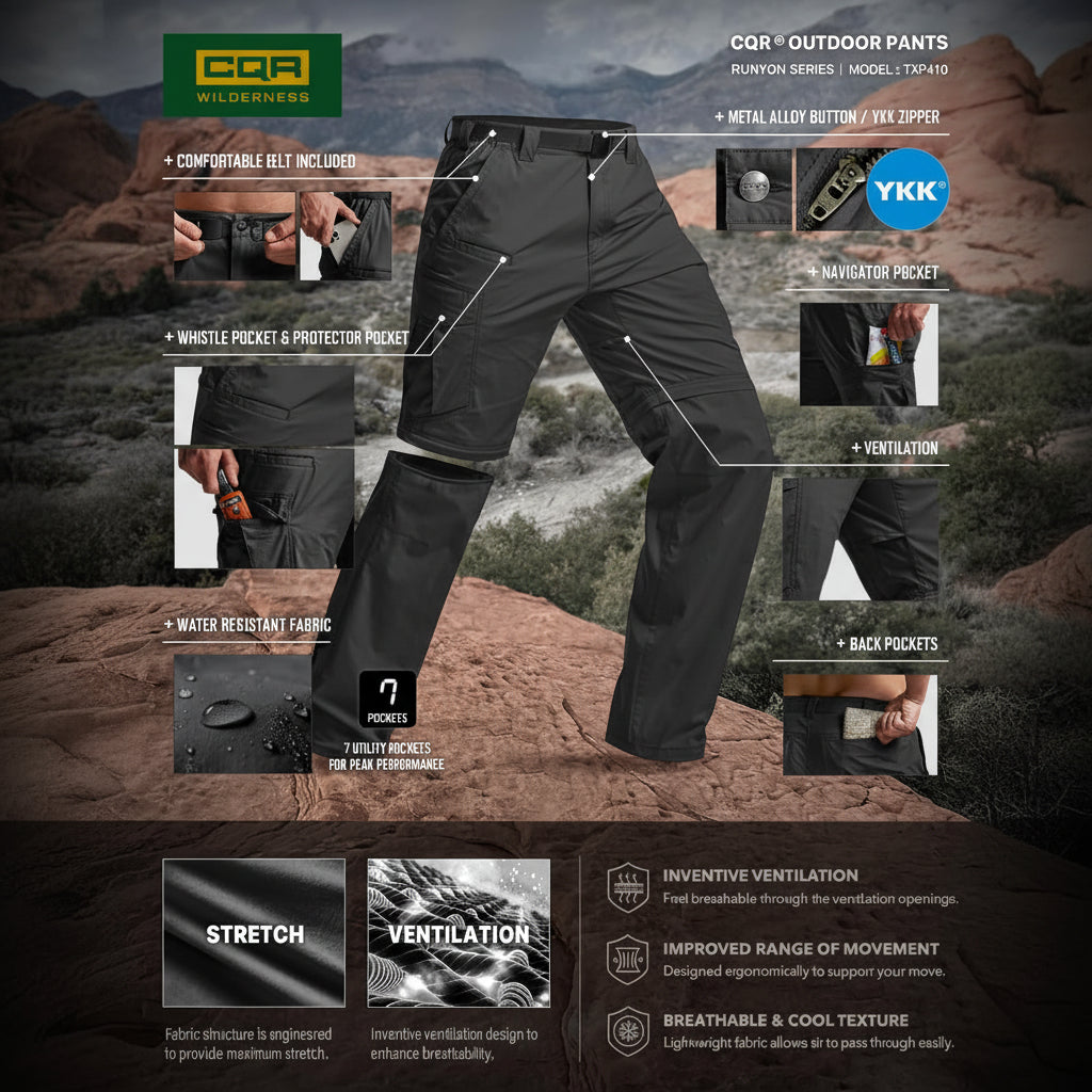 CQR Men's Convertible Cargo Work Pants, Water Resistant, Zip Off, W/Belt Black