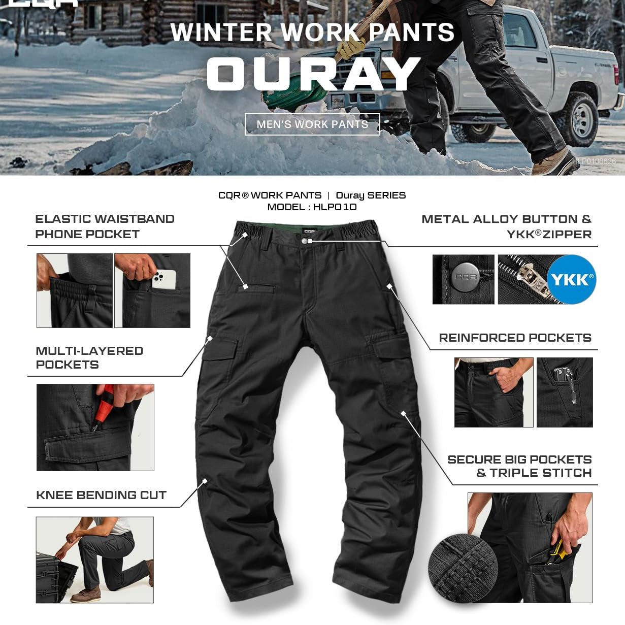 CQR Men's Winter Tactical Cargo Pants, Thermal Fleece Lined