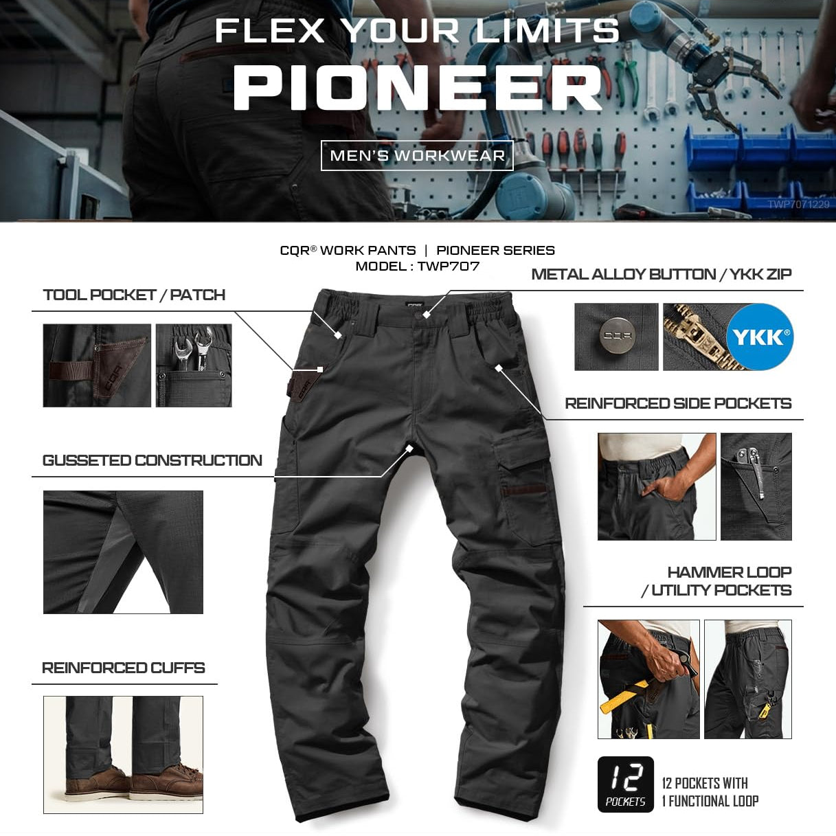 CQR Men's Quick Dry Work Pants, Water Resistant Outdoor, Lightweight Stretch