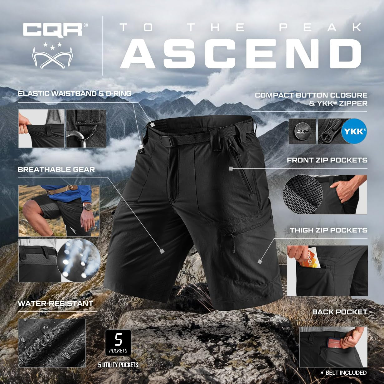 CQR Men's Quick Dry Stretch Hiking Cargo Shorts